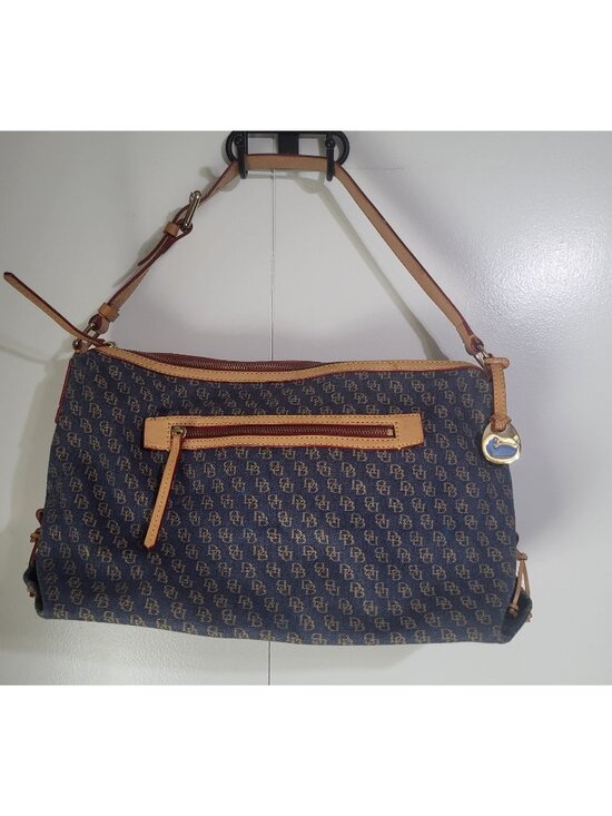 Dooney & Bourke Handbags - Dooney & Bourke Blue Denim Logo Brocade Shoulder Bag Brown Leather Red Interior